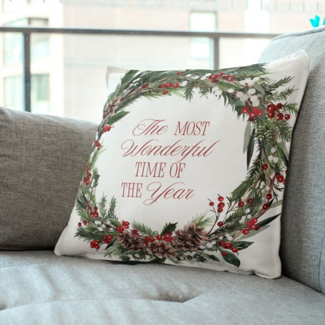 Modern Red Berry Botanical Wreath Christmas Cushion (Get into the holiday spirit with this festive Christmas pillow!)