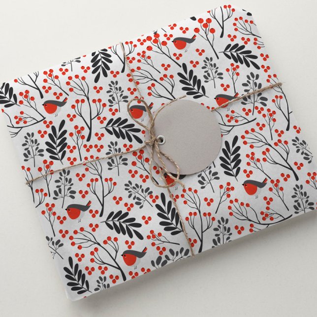 Modern Red Berry Christmas Bird Red Grey Wrapping Paper (Creator Uploaded)