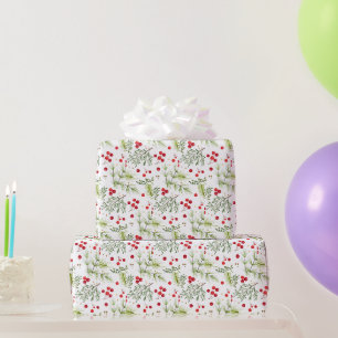 Modern Red Berry Christmas Bird Red Grey Wrapping Paper