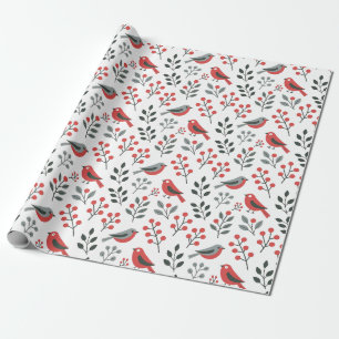 Modern Red Berry Christmas Bird Wrapping Paper