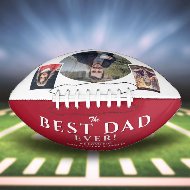 Modern Red Best Dad Father 3 Photo Collage  Football (Creator Uploaded)