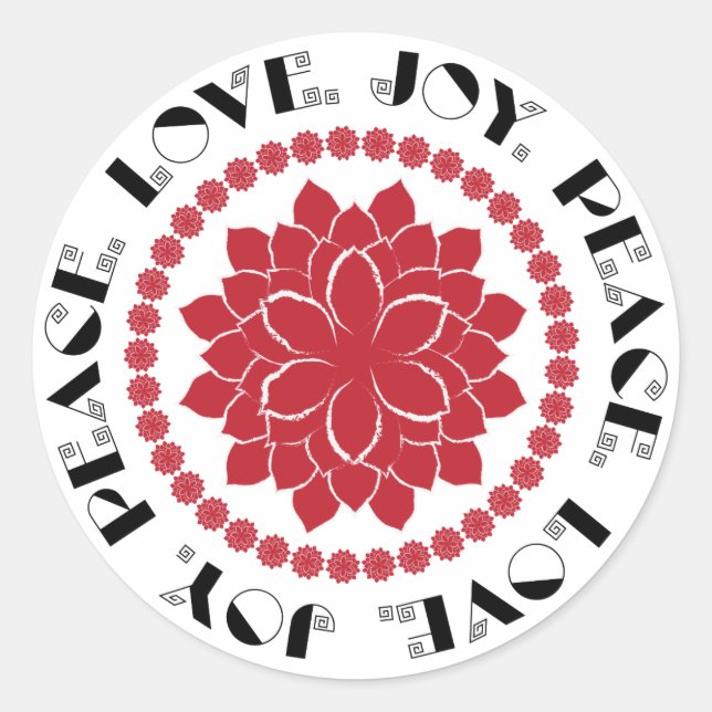 Modern Red, black and white Love, Peace, Joy text Classic Round Sticker (Front)