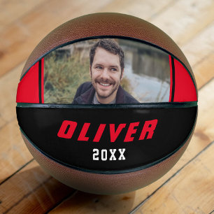 Modern Red Black Custom Name Text Photo Basketball