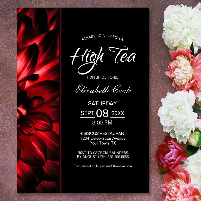 Modern Red Black Floral High Tea Bridal Shower Invitation (Creator Uploaded)