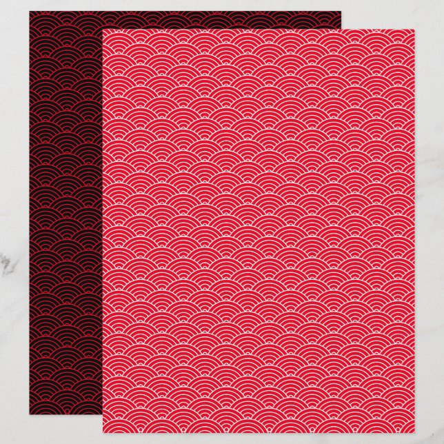 Modern Red Black Japanese Wave Scrapbook Paper (Front/Back)