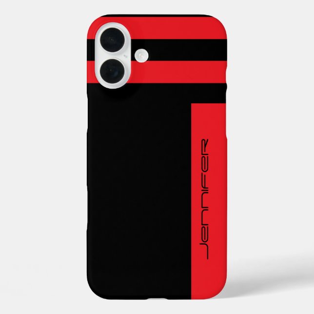 Modern Red, Black Minimalist Stripe with Name Case-Mate iPhone Case (Back)