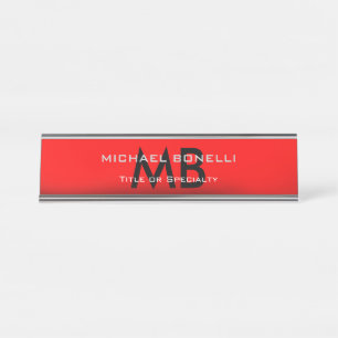 Modern red black monogram initials desk name plate