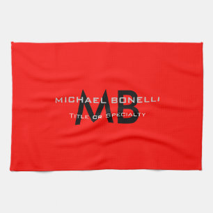 Modern red black monogram initials tea towel