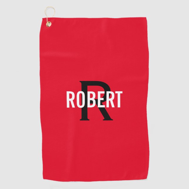 Modern red black monogram name golf towel (Front)