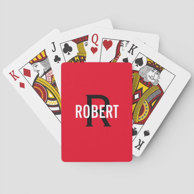 Modern red black monogram name playing cards (Back)