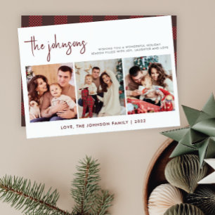 Modern Red & Black Plaid Photo Family Christmas Holiday Card