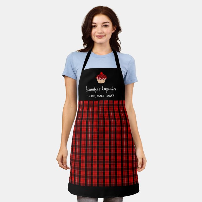 Modern red black plaid professional bakery apron (Worn)