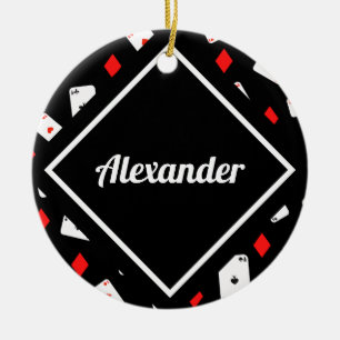 Modern Red & Black Poker Theme Pattern Custom Name Ceramic Ornament