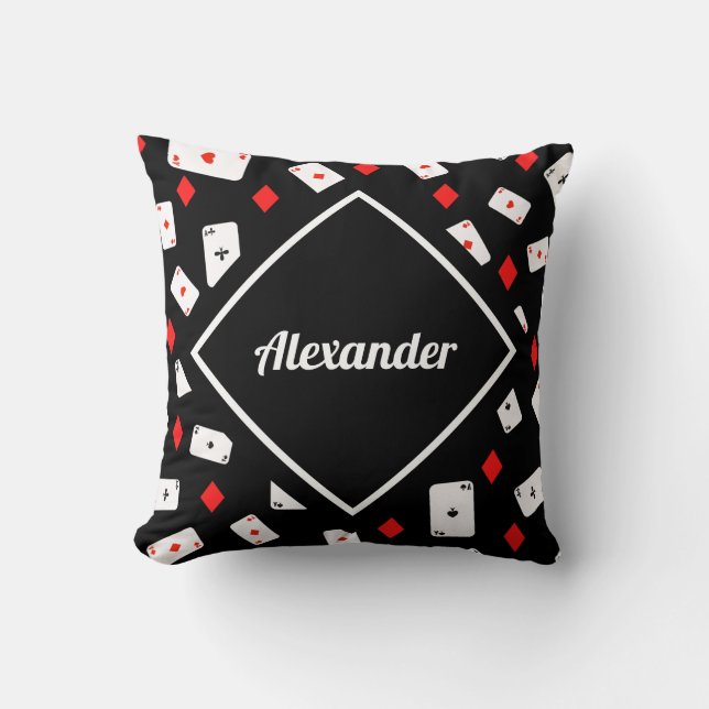 Modern Red & Black Poker Theme Pattern Custom Name Cushion (Front)