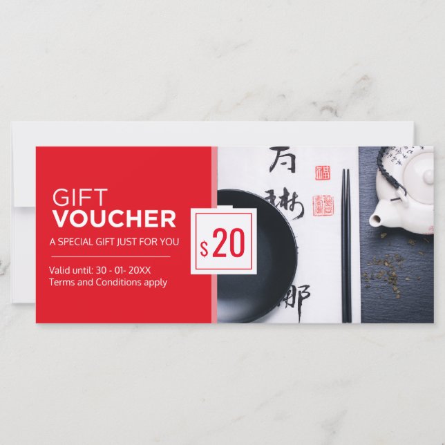 Modern red black restaurant gift voucher template (Front)