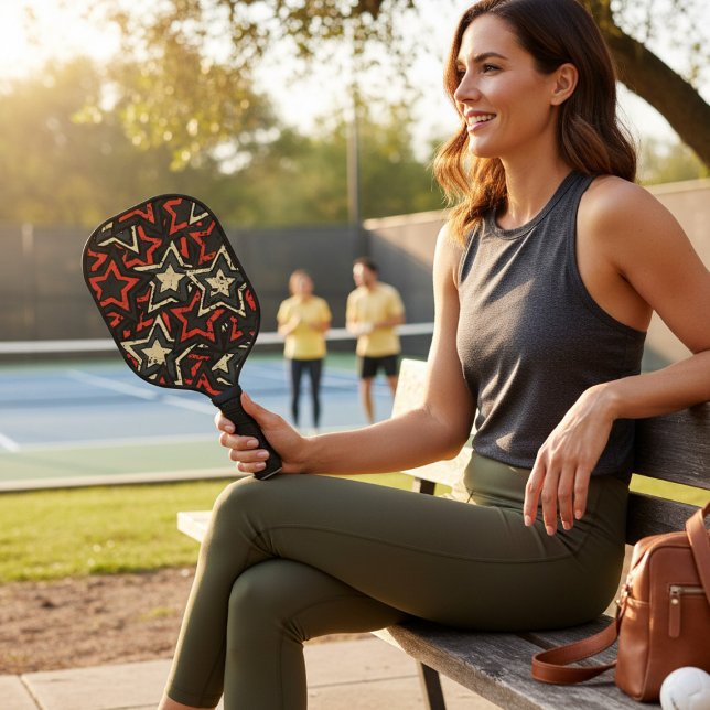 Modern Red Black Stars Cool Grunge Pattern Custom Pickleball Paddle (Creator Uploaded)