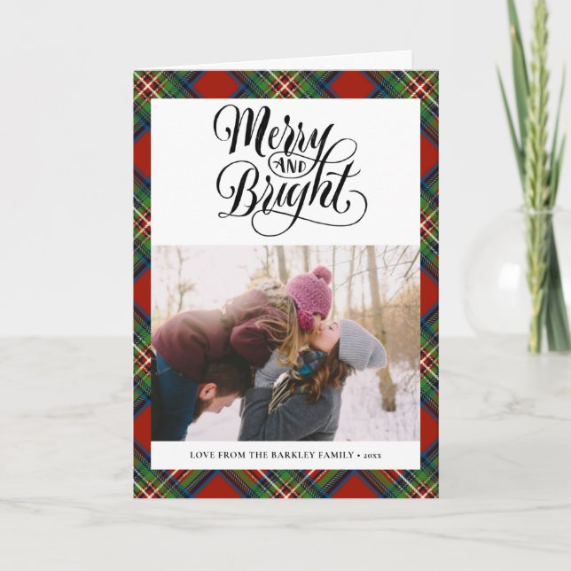 Modern Red Black Tartan Plaid Fun Script Simple Holiday Card (Front)