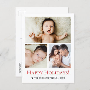 Modern Red Black White 3-Photo Holiday Family Postcard