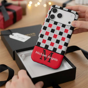Modern Red Black & White Chequerboard Monogram