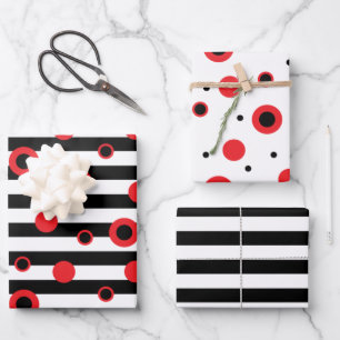 Modern red, black, white circles and stripes wrapping paper sheet