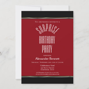 Modern Red Black White Surprise Birthday Party Invitation