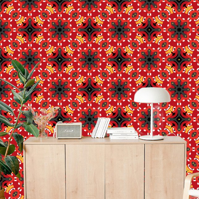 Modern Red Black Yellow Boho Chic Ethnic Folk Art Wallpaper (Creator Uploaded)
