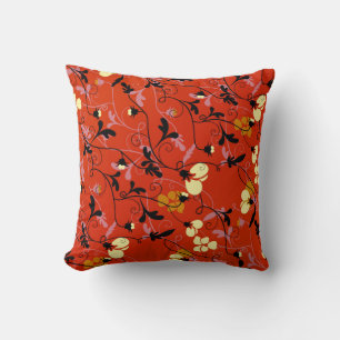 Modern Red Black & Yellow Floral Flourish Cushion