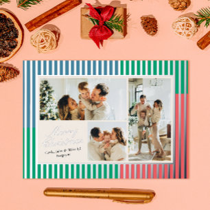 Modern Red Blue and Green Striped 3 Photo Foil Holiday Card
