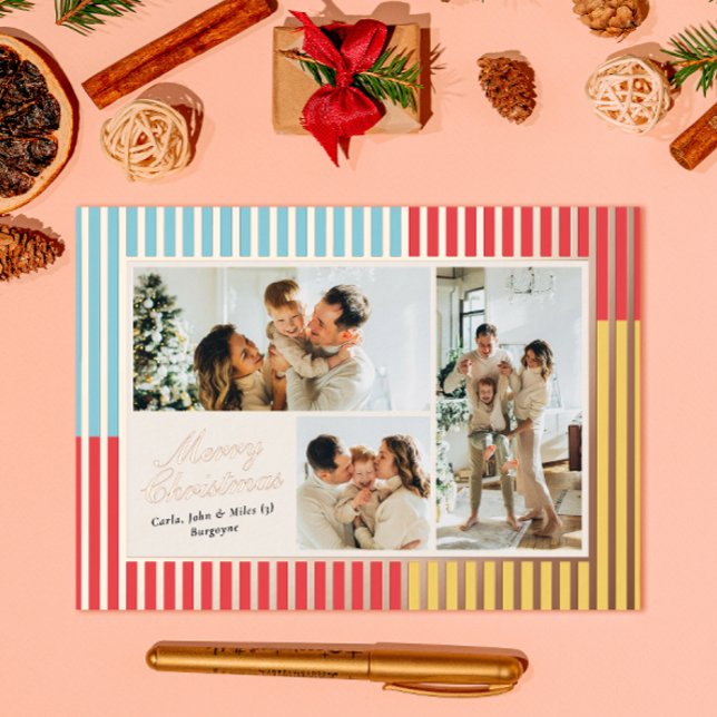 Modern Red Blue and Yellow Striped 3 Photo Foil Holiday Card (Creator Uploaded)