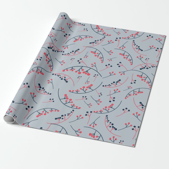 Modern red blue berries illustration pattern wrapping paper (Unrolled)