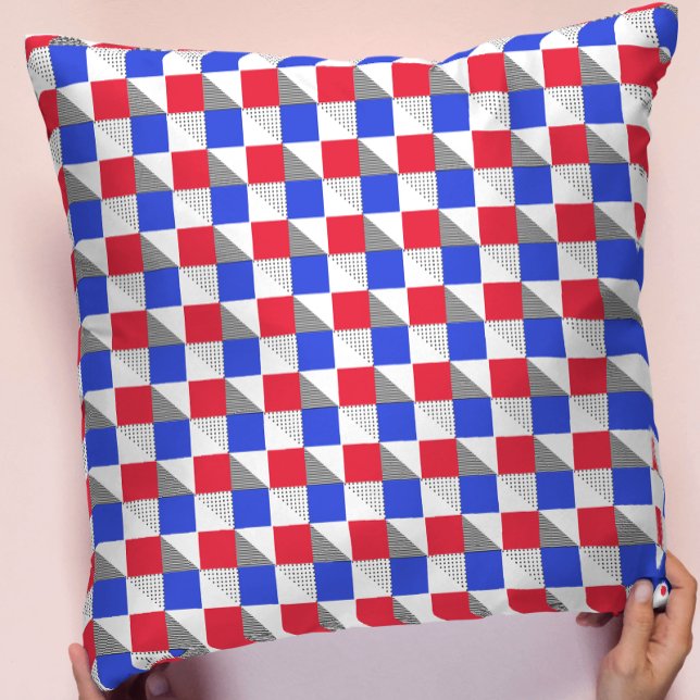 Modern red blue black and white memphis geometric cushion (Creator Uploaded)