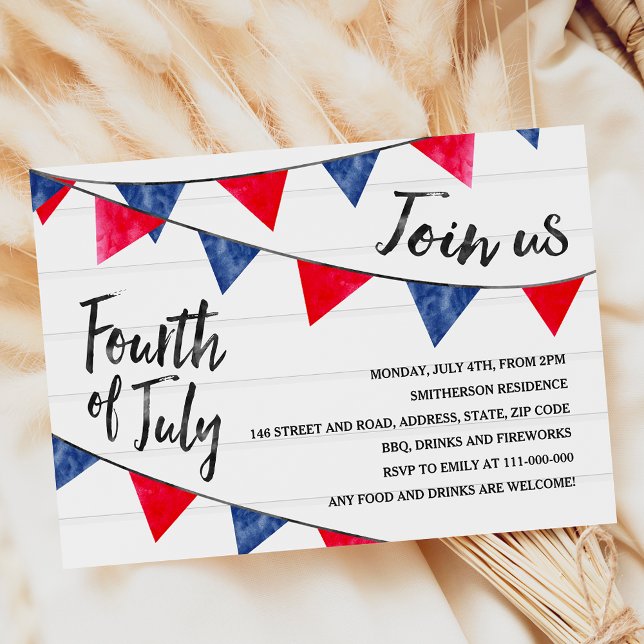Modern red blue bunting flags wood 4th of July Invitation (Modern red blue bunting flags wood 4th of July Invitation)
