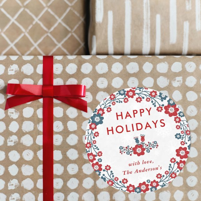 Modern Red & Blue Christmas Wreath Happy Holidays Classic Round Sticker (Creator Uploaded)