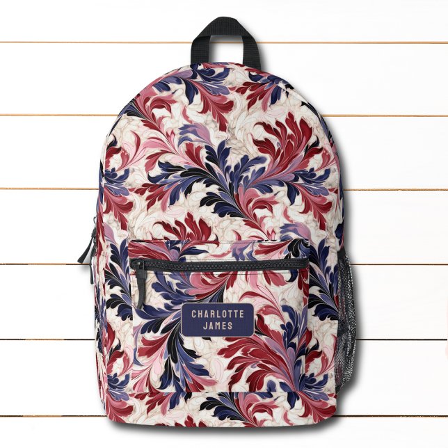 Modern Red Blue Floral Personalised Name Printed Backpack (Creator Uploaded)