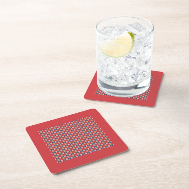 Modern Red Blue Geometric Pattern Monogram Square Paper Coaster (Insitu)