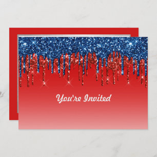 Modern Red Blue Glitter Drips Birthday Invitation