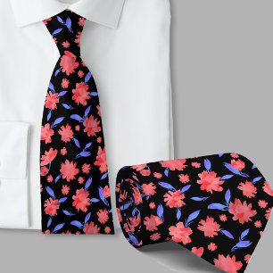 Modern red blue watercolor flowers tie
