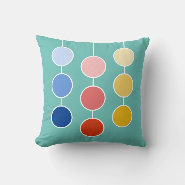 Modern Red Blue Yellow Hanging Circles on Teal Cushion (Front)