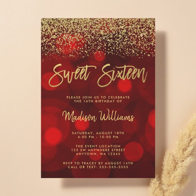 Modern Red Bokeh Gold Glitter Sweet 16 Invitation (Creator Uploaded)