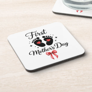 Modern Red Bow 1st Mother's Day Typography Coaster
