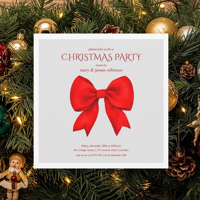 Modern Red Bow Christmas Holiday Party  Invitation (Modern Red Bow Christmas Holiday Party Invitation)