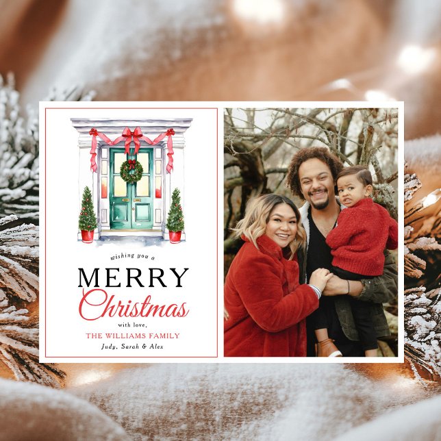Modern Red Bow Door Merry Christmas Photo Holiday Card (Creator Uploaded)