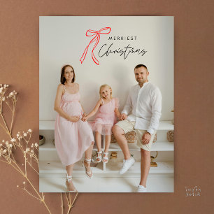 Modern Red Bow Family Photo Christmas Greeting Postcard