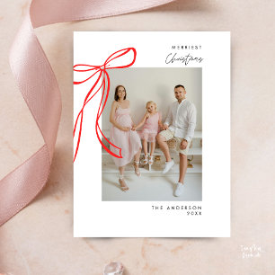Modern Red Bow Family Photo Christmas Greeting Postcard