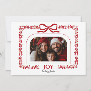 Modern Red Bow Joy Christmas Ribbon Photo Frame Invitation
