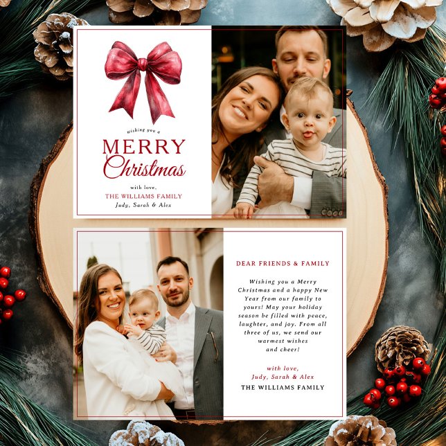 Modern Red Bow Merry Christmas Photo Holiday Card (Creator Uploaded)