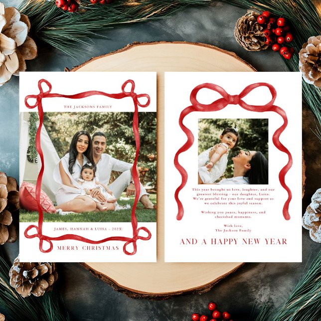 Modern Red Bow Merry Christmas Photo Holiday Card (Creator Uploaded)
