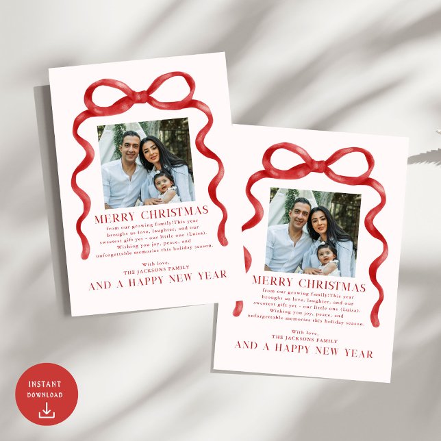 Modern Red Bow Merry Christmas Photo Holiday Card (Creator Uploaded)