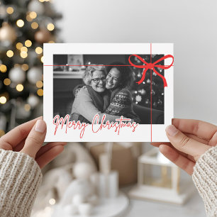 Modern Red Bow Merry Christmas Photo Postcard