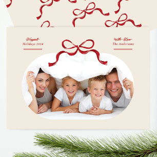 Modern Red Bow Oval Photo Happiest Holiday Card